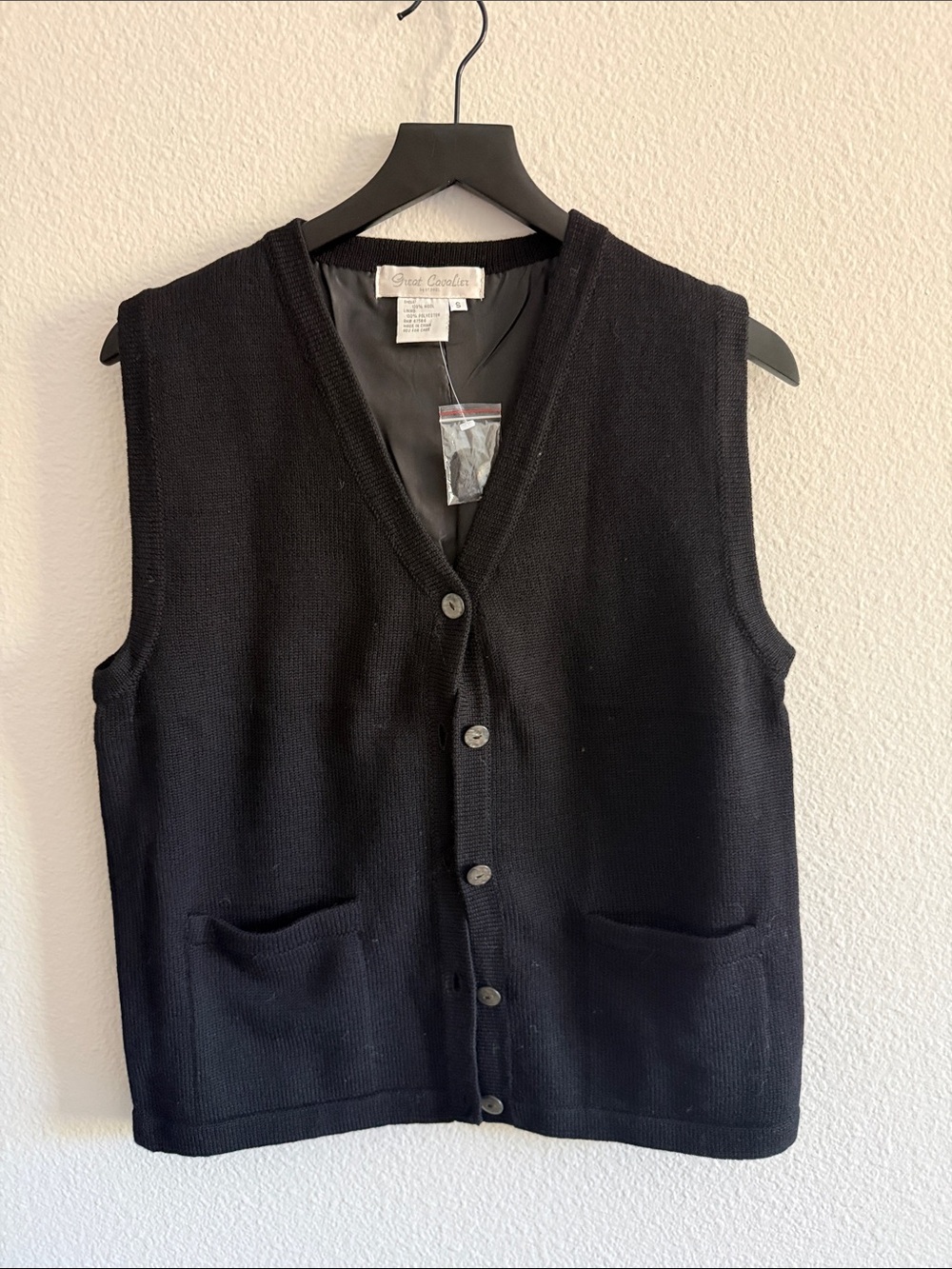 Black 100% Wool Knit Button-Front V-Neck Vest Men's S